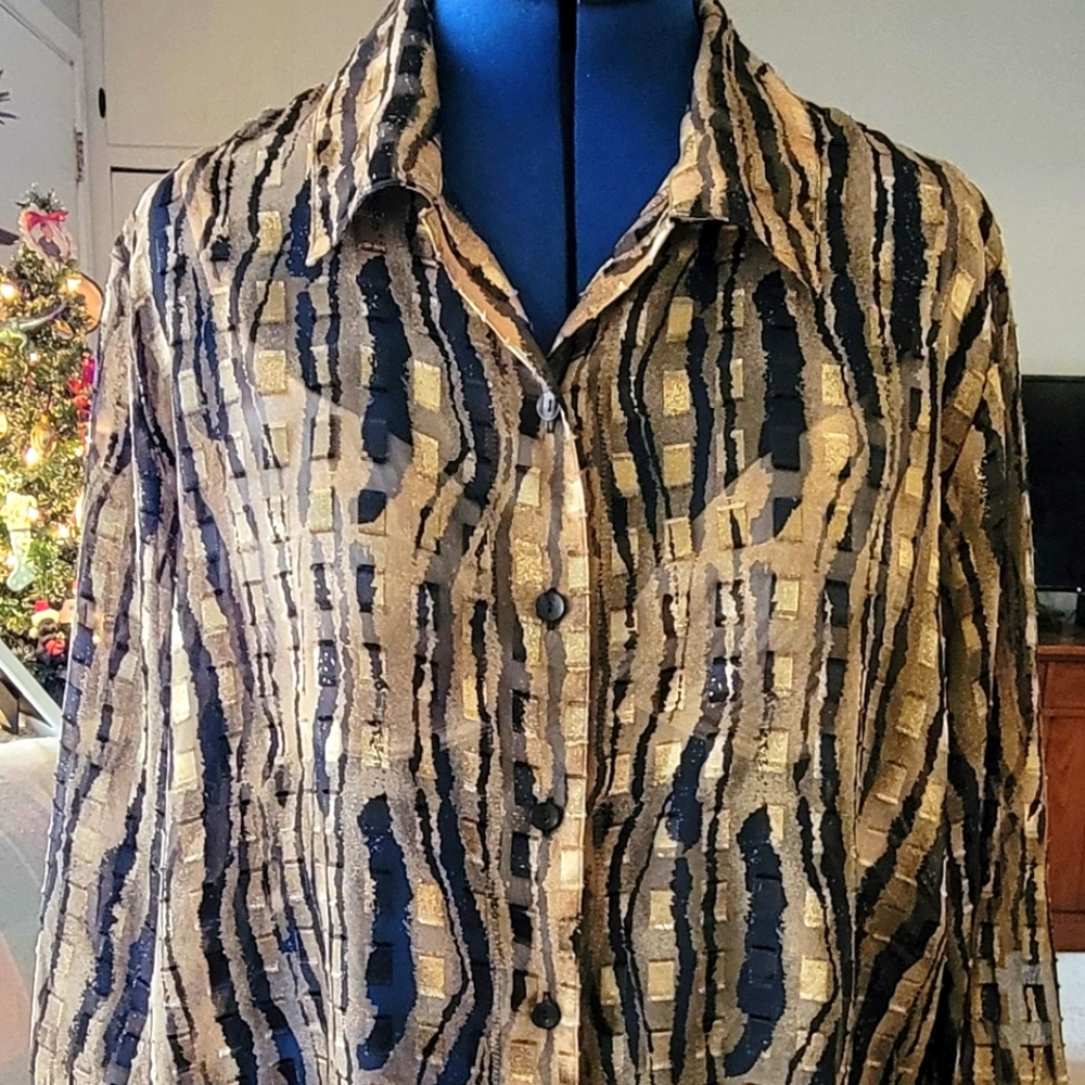 Notations Sheer Collared Button-down Blouse Sz 1X